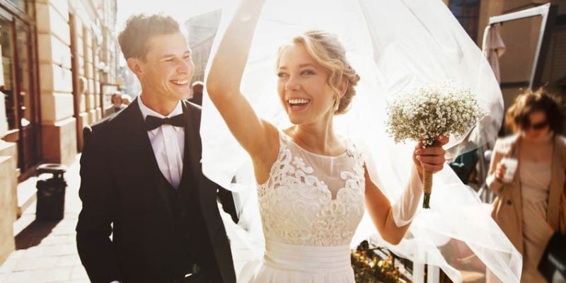 caucasian happy romantic young  couple celebrating their marriage
